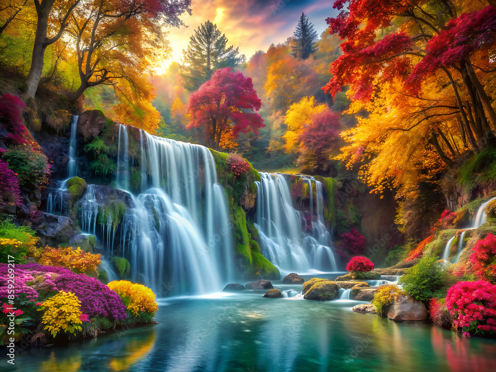 Obraz premium Fantasy waterfall with autumn trees, generative ai