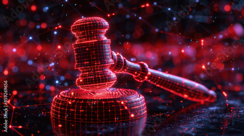 Abstract Digital Justice Conceptual Cyber Law Imagery Featuring a Judge's Gavel and Futuristic Network Graphics Representing Modern Legal System and Technological Advancements in Judiciary photo