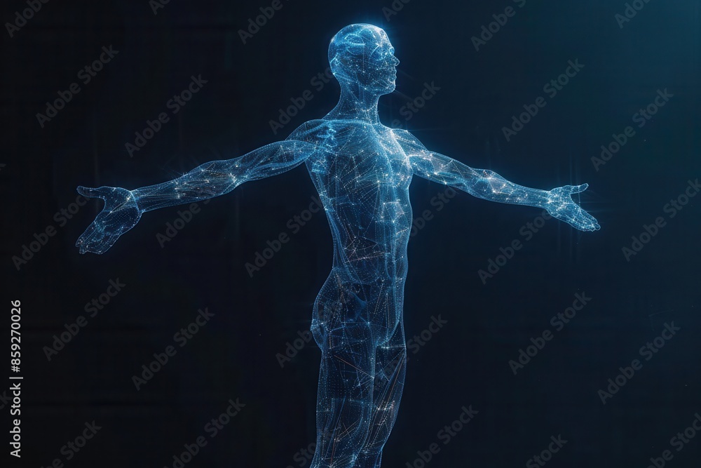 a technical wireframe render of a full human body,facing the camera, on black Background a technical wireframe render of a full human body,facing the camera, on black Background