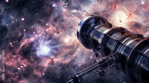 Telescope gazing into vibrant cosmic nebula, showcasing colorful clusters of stars and interstellar clouds in deep space. perfect for astronomy and space exploration themes.