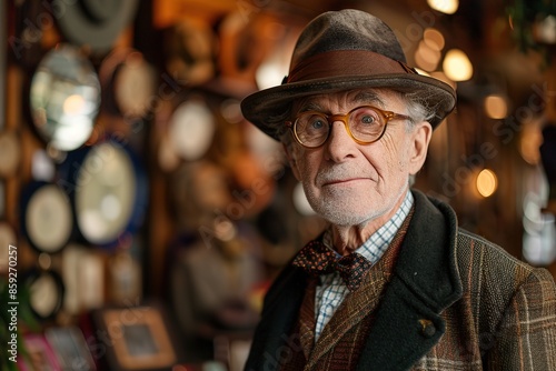 Elderly man with a hat and glasses in a vintage outfit. © Larisa