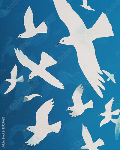 there are many white birds flying in the sky together