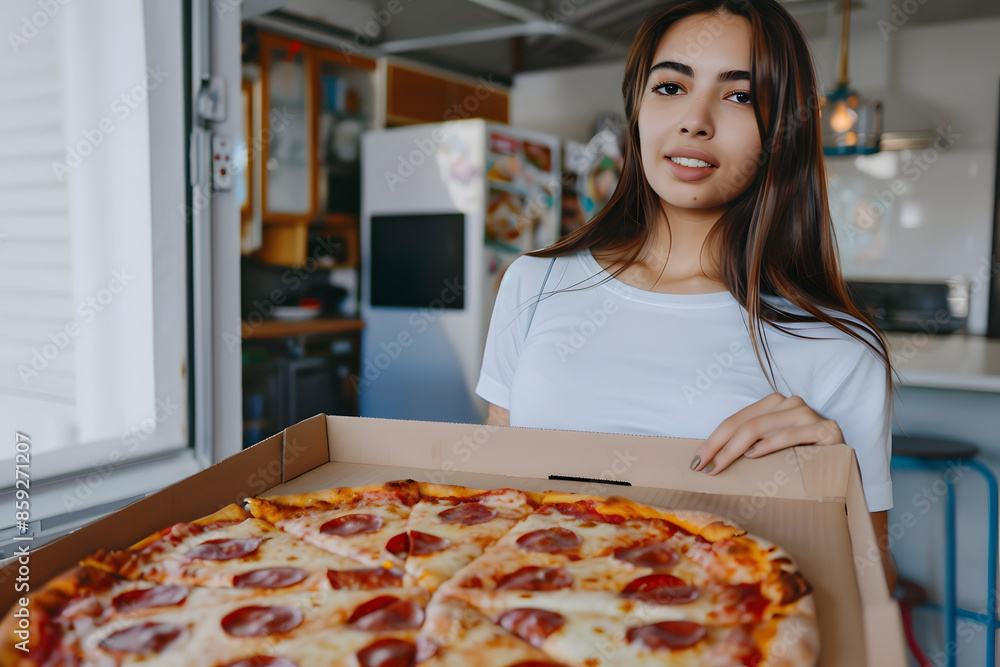 Young pretty woman standing in front of a large pizza Young pretty woman standing in front of a large pizza