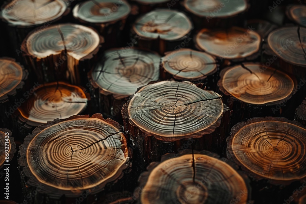 Close-up of tree stumps left behind after logging, showing the rings and texture of the wood Close-up of tree stumps left behind after logging, showing the rings and texture of the wood