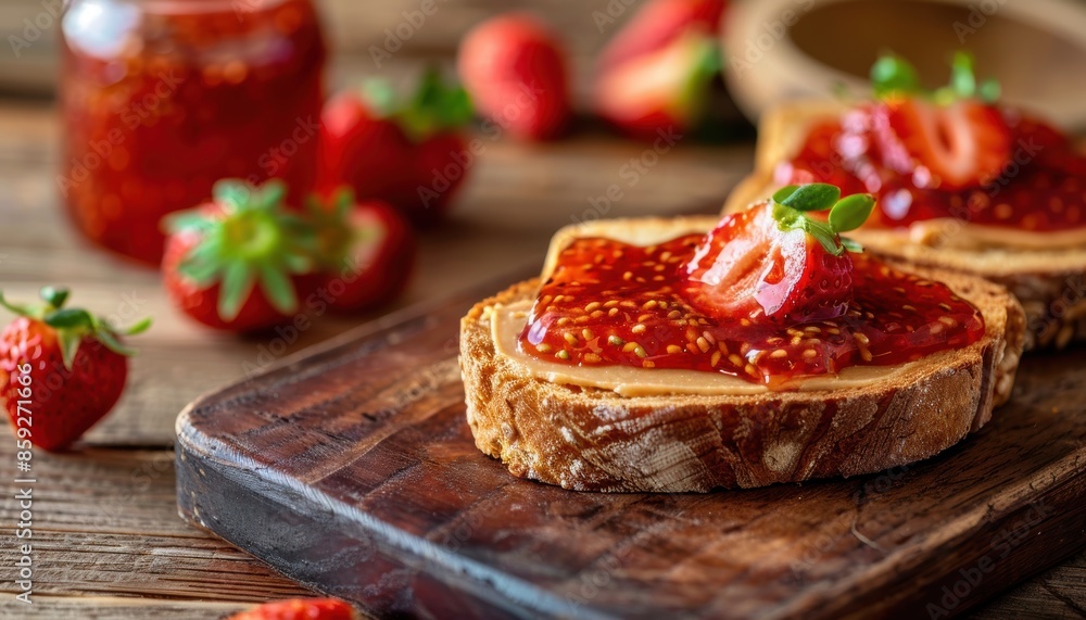 Close-up of delicious strawberry jam on bread slices, with fresh strawberries in the background on a wooden surface. Close-up of delicious strawberry jam on bread slices, with fresh strawberries in the background on a wooden surface.