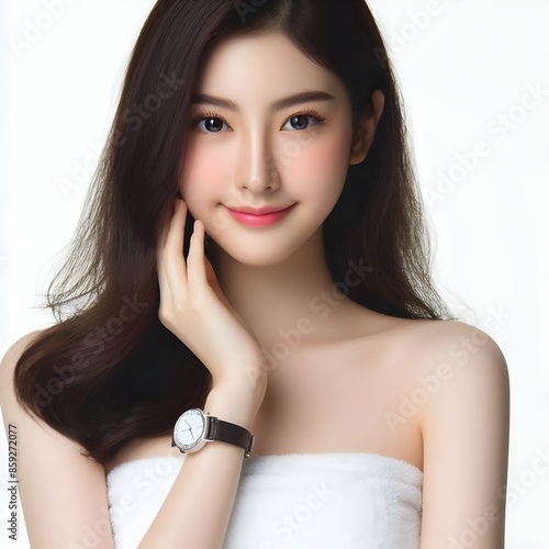 Asian woman Beautiful smart healthy with little smaile with a round face clean and white fresh skin, face care photo