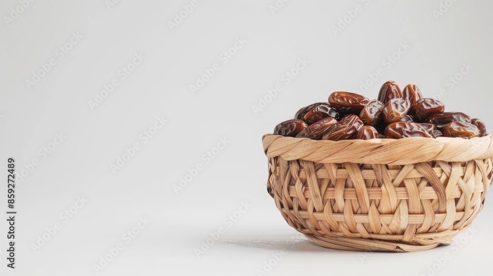 Dried Dates on wooden basket with white background and space for text Ramadan theme Dried Dates on wooden basket with white background and space for text Ramadan theme