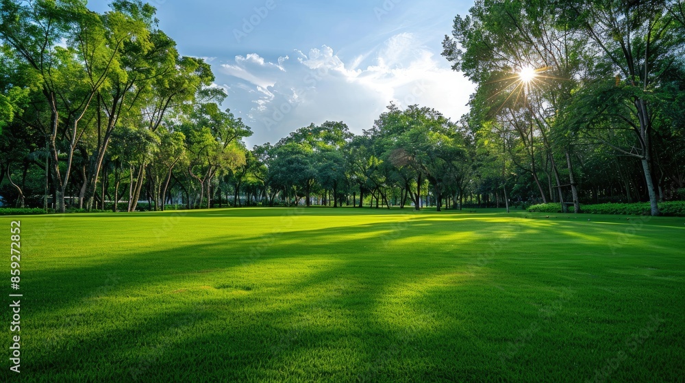 Fototapeta premium Beautiful park with green grass and trees