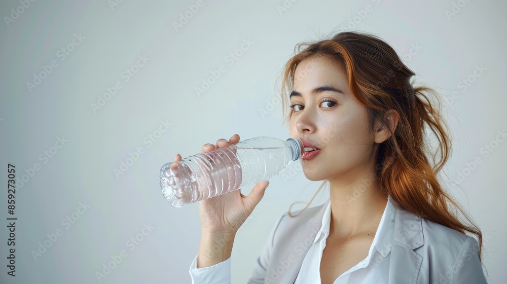 A woman holding and drinking bottle of water near mouth, wearing white office blouse with blazer, plain white background, studio lighting. Generative AI. A woman holding and drinking bottle of water near mouth, wearing white office blouse with blazer, plain white background, studio lighting. Generative AI.
