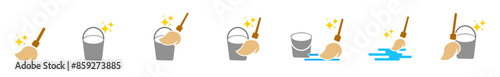 Mop for cleaning the floor icons. Mop and bucket color symbols. Cleaning service signs, vector color illustration set for room cleaning.