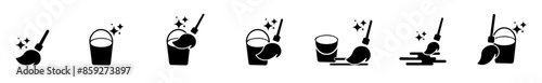 Mop for cleaning the floor icons. Mop and bucket symbols. Cleaning service signs, vector illustration set for room cleaning.