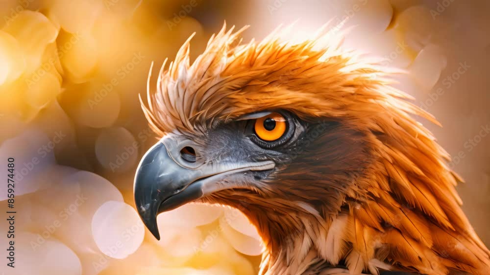 Close-up of a majestic eagle with sharp eyes and vibrant feathers in a warm, blurred bokeh background. Close-up of a majestic eagle with sharp eyes and vibrant feathers in a warm, blurred bokeh background.