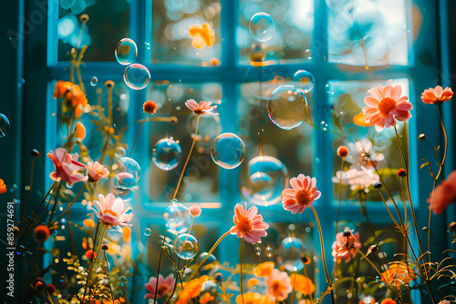 Fleurs devant une fenêtre avec des bulle photo