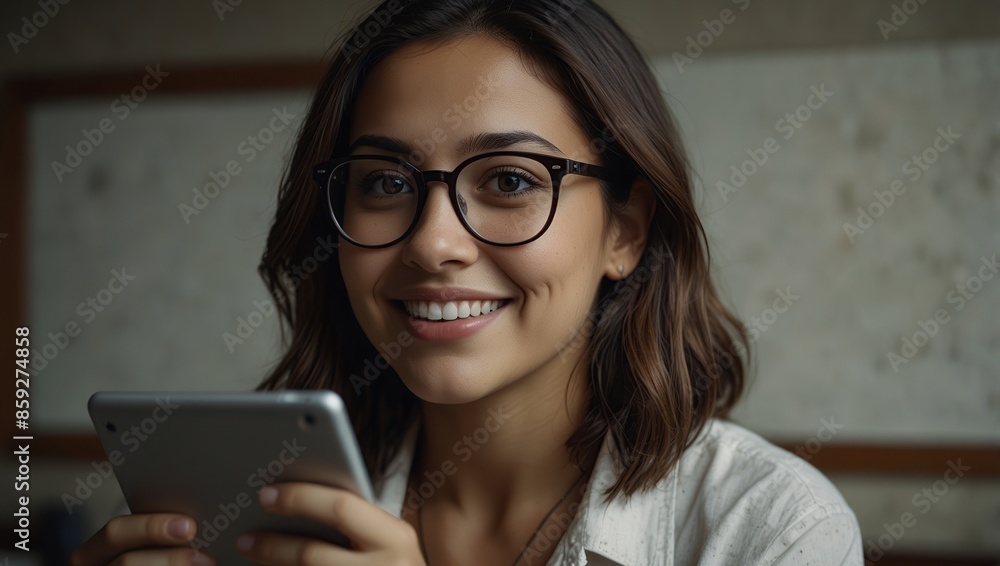 Portrait of a Beautiful Hispanic Female Wearing Glasses, Using Tablet Computer, Looking at Camera and Smiling Portrait of a Beautiful Hispanic Female Wearing Glasses, Using Tablet Computer, Looking at Camera and Smiling