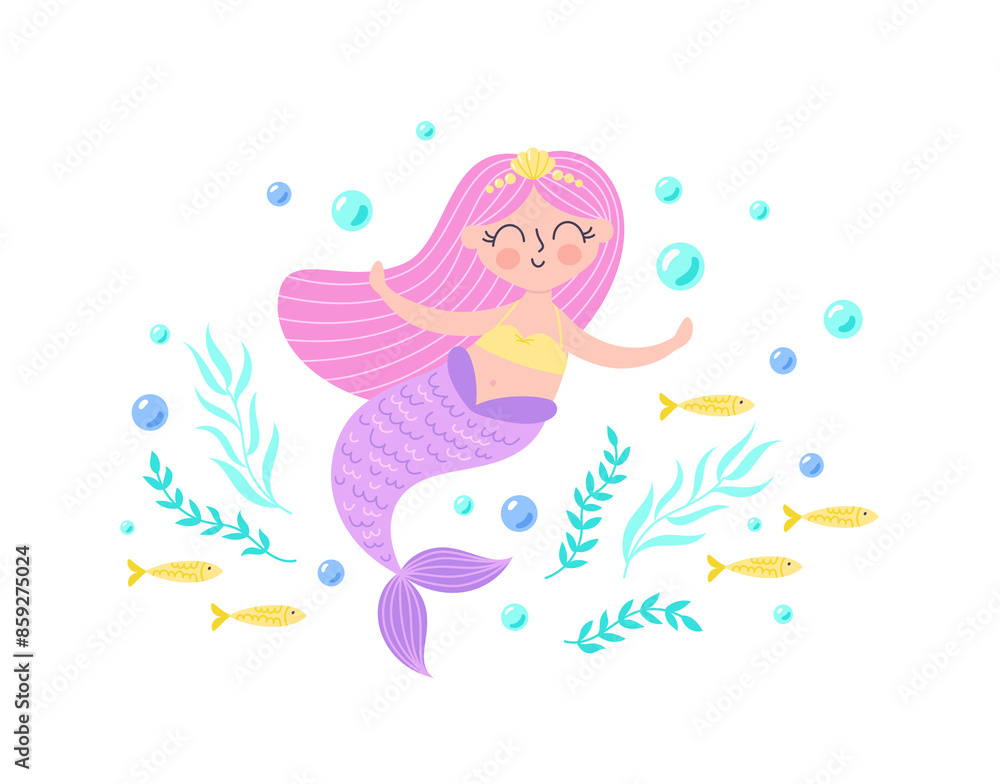 Childrens cute magic character. Magic mermaid girl. Children magic poster or postcard. Vector illustration of fantasy undersea life Childrens cute magic character. Magic mermaid girl. Children magic poster or postcard. Vector illustration of fantasy undersea life