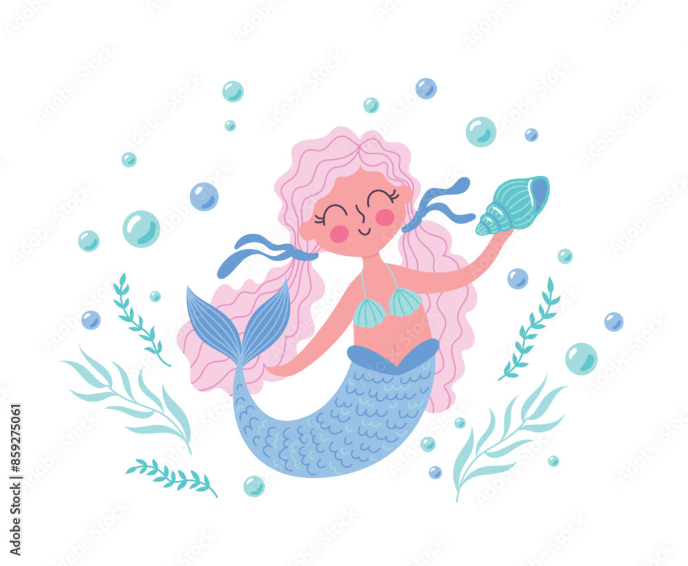 Childrens cute magic character. Magic mermaid girl with a marine shell. Children magic poster or postcard. Vector illustration of fantasy undersea life Childrens cute magic character. Magic mermaid girl with a marine shell. Children magic poster or postcard. Vector illustration of fantasy undersea life