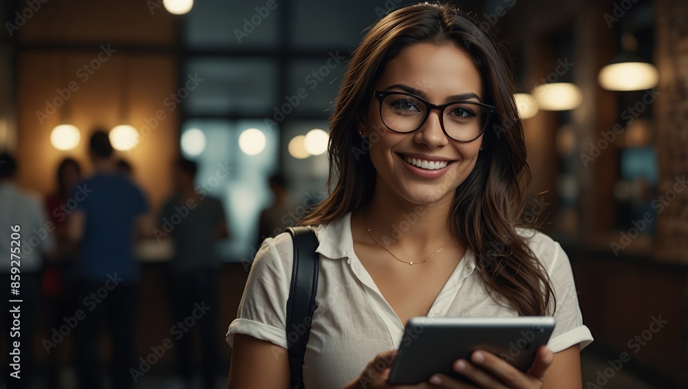 Fototapeta premium Portrait of a Beautiful Hispanic Female Wearing Glasses, Using Tablet Computer, Looking at Camera and Smiling