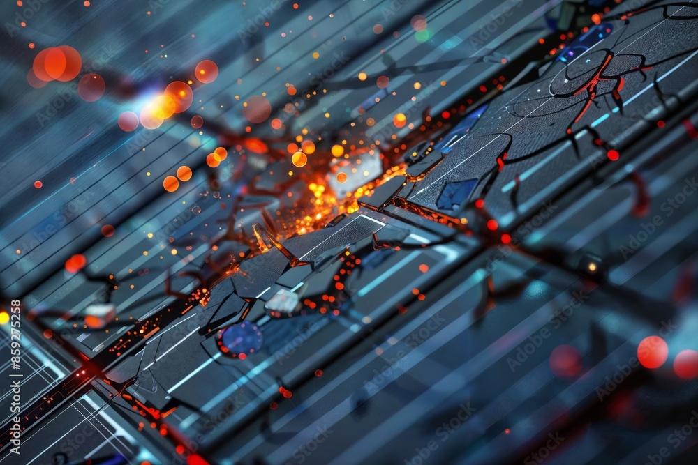Futuristic image with shattered solar panel and vibrant lights, blending technology and energy. Futuristic image with shattered solar panel and vibrant lights, blending technology and energy.