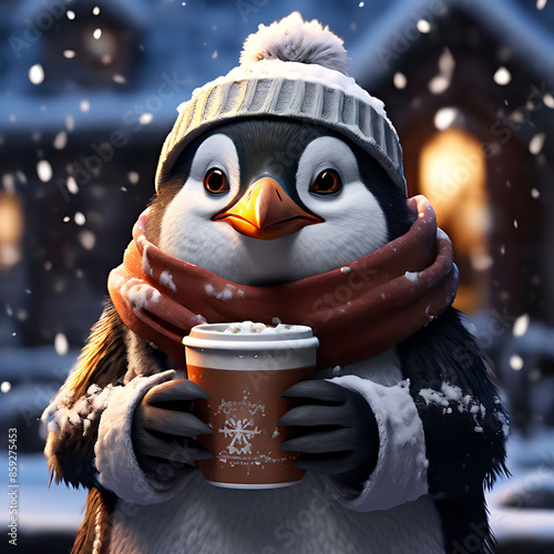 Jolly Penguin A jolly penguin in winter attire, holding a cup of hot cocoa photo