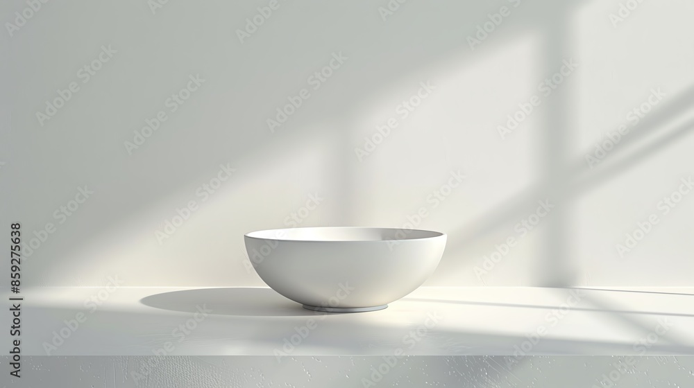 White ceramic bowl on white table with sunbeams White ceramic bowl on white table with sunbeams