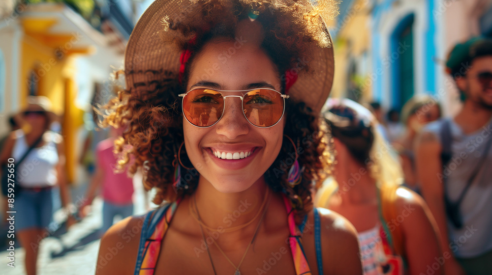 Woman wearing sunglasses and hat smiles at camera Woman wearing sunglasses and hat smiles at camera
