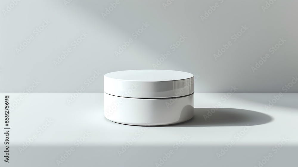 White cosmetic jar on a white background with soft sunlight.