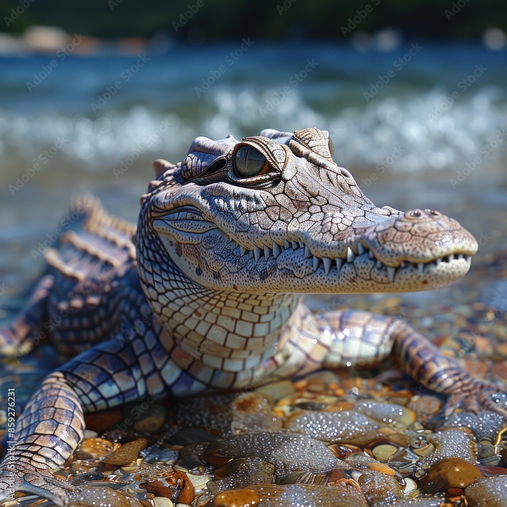 Obraz premium A close-up of a young crocodile basking in the sun on a pebbled shoreline