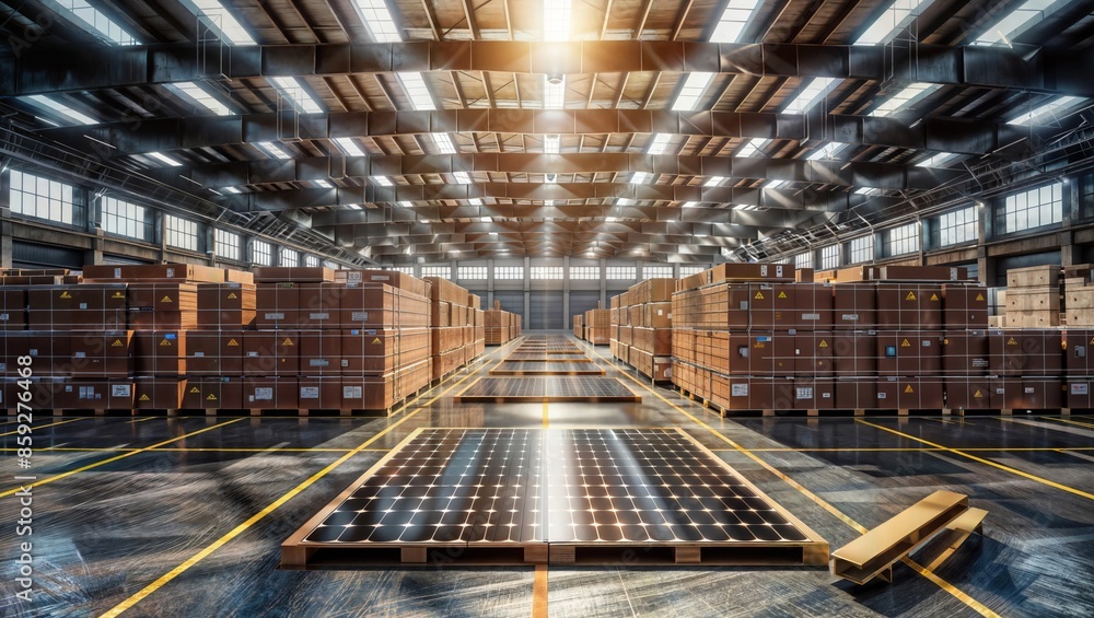 Warehouse interior with shelves and a prominent solar panel, highlighting renewable energy. Warehouse interior with shelves and a prominent solar panel, highlighting renewable energy.