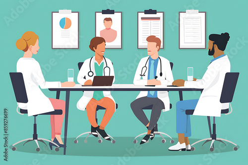Vector IllustrationDoctors, Nurses, and Teamwork on Tablet for Hospital Management Data Report, Supporting Black Patients, Clinic Results, Research, Healthcare