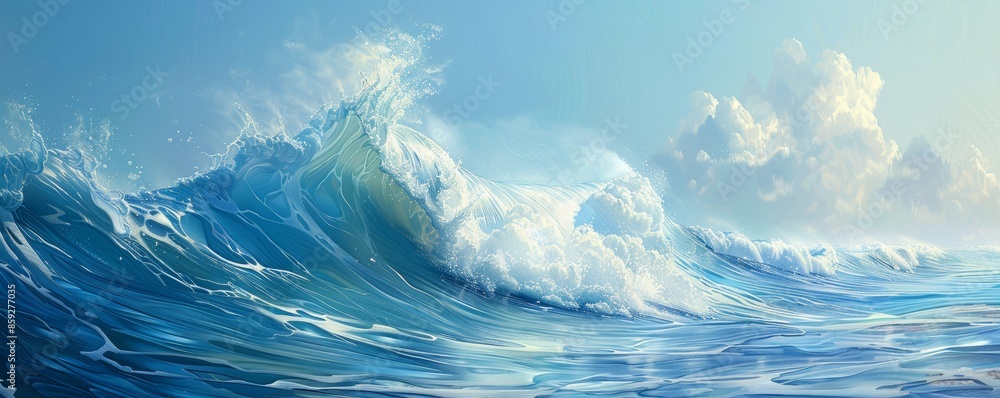Majestic ocean wave under blue sky with fluffy clouds, serene seascape. Nature and tranquility concept Majestic ocean wave under blue sky with fluffy clouds, serene seascape. Nature and tranquility concept