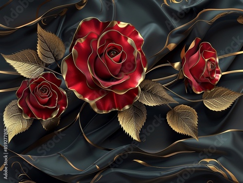 Stunning red and gold roses with elegant leaves, arranged on a dark, satin background, Digital art, Vibrant tones, High resolution