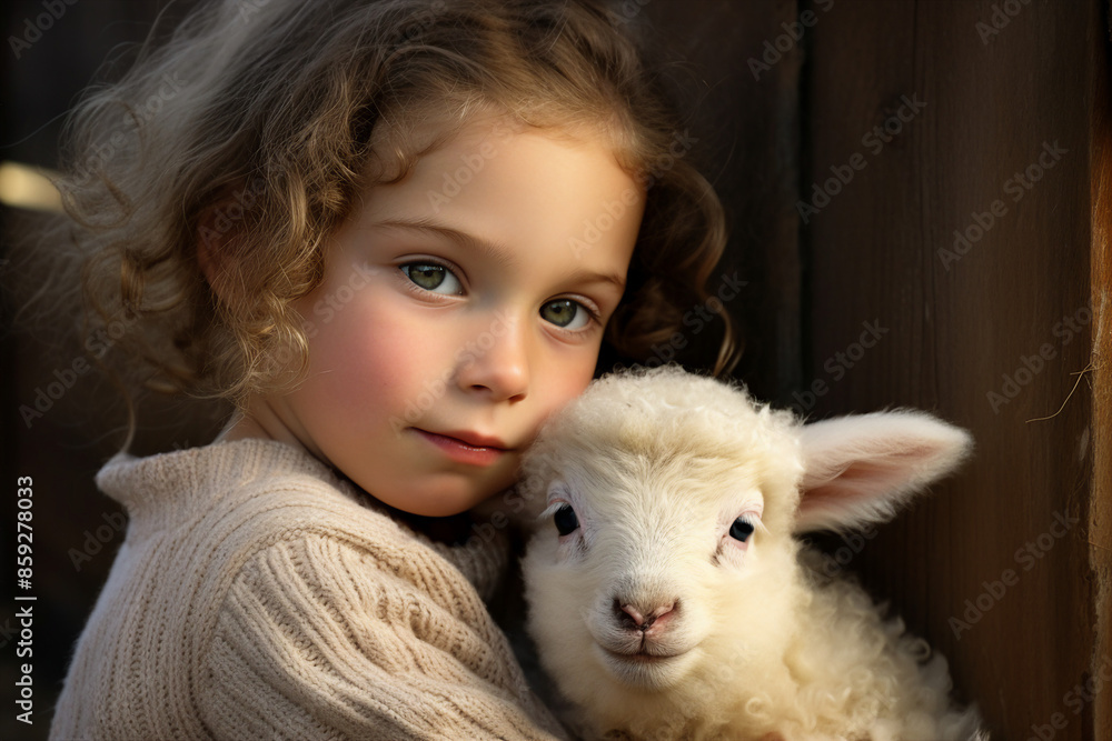 Generated with AI technology picture of cute baby hugging sheep Generated with AI technology picture of cute baby hugging sheep