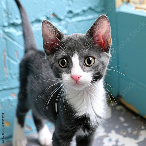 A gray and white kitten looks directly at the camera