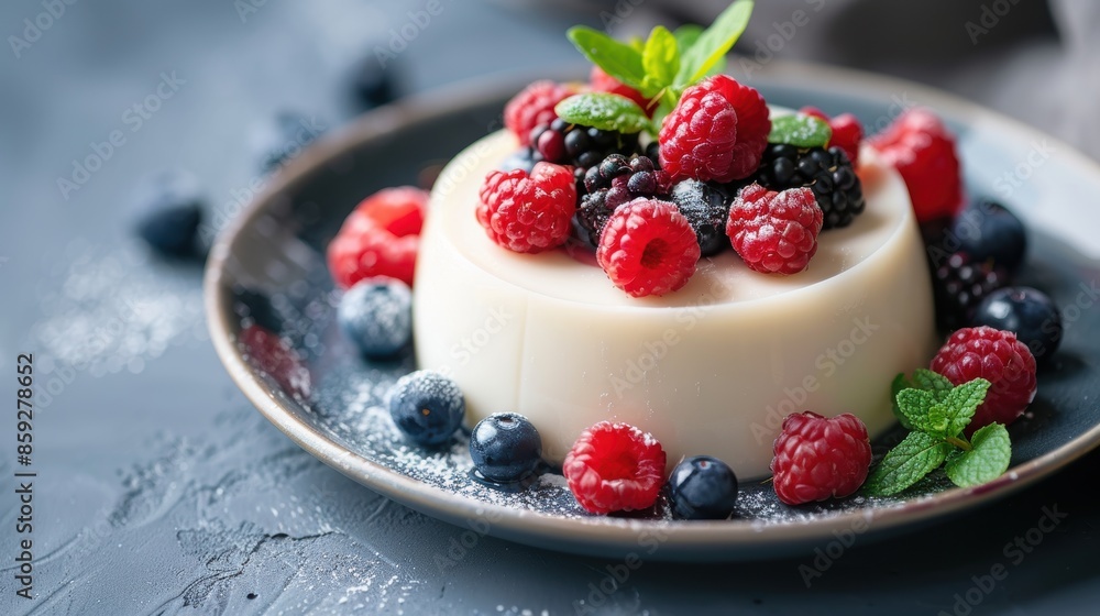 Delicious panna cotta dessert garnished with fresh raspberries, blackberries, blueberries, and mint leaves on a dark plate. Sweet and refreshing treat. Delicious panna cotta dessert garnished with fresh raspberries, blackberries, blueberries, and mint leaves on a dark plate. Sweet and refreshing treat.