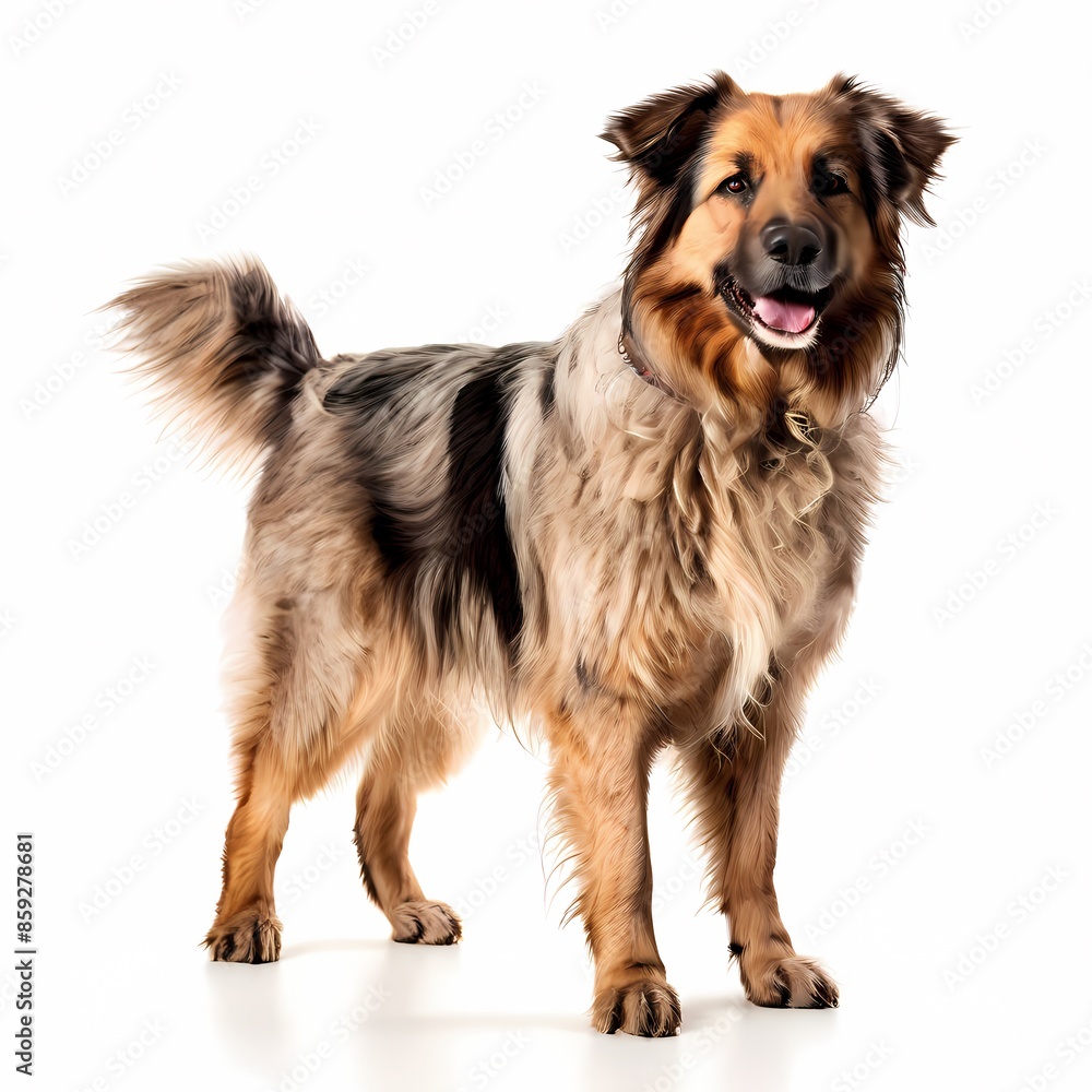 Fototapeta premium Basque shepherd dog breed standing against white background, Ai Generated