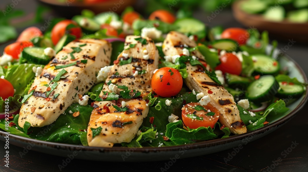 Grilled chicken and fresh salad with cucumbers and tomatoes Grilled chicken and fresh salad with cucumbers and tomatoes