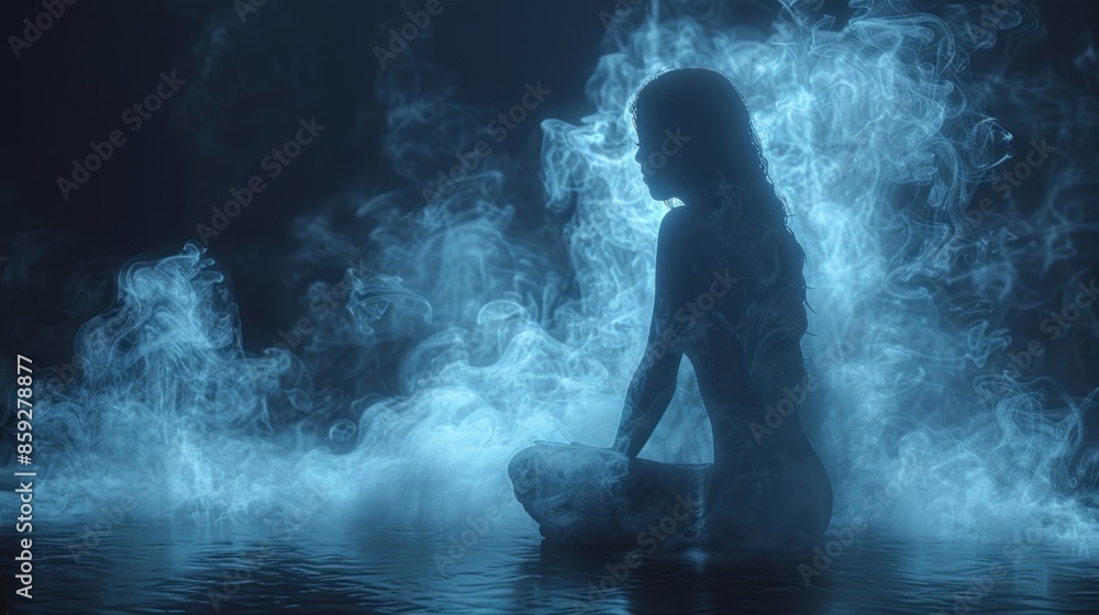 A woman sits in a pool of blue smoke, her silhouette barely visible A woman sits in a pool of blue smoke, her silhouette barely visible