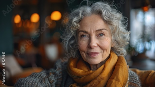 An elderly woman with curly grey hair, wearing an orange scarf and clothing, smiles gently while posing in a warmly lit indoor environment with a soft background. © svastix