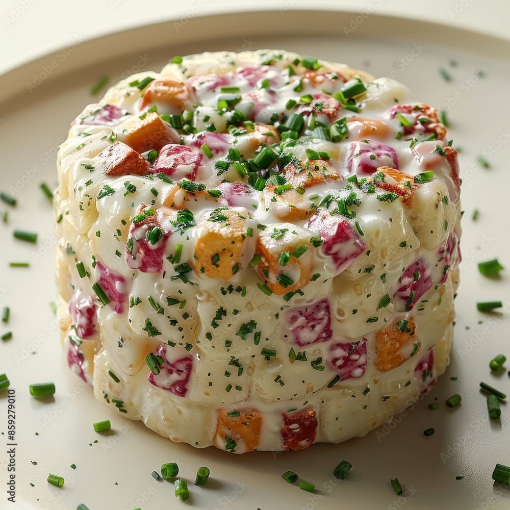 A delightful potato salad topped with colorful vegetables and fresh herbs A delightful potato salad topped with colorful vegetables and fresh herbs