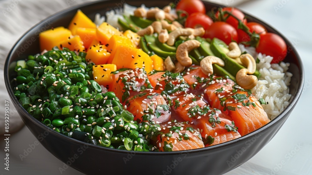 Yummy salmon poke bowl with mango, avocado, cashews, fresh ingredients Yummy salmon poke bowl with mango, avocado, cashews, fresh ingredients