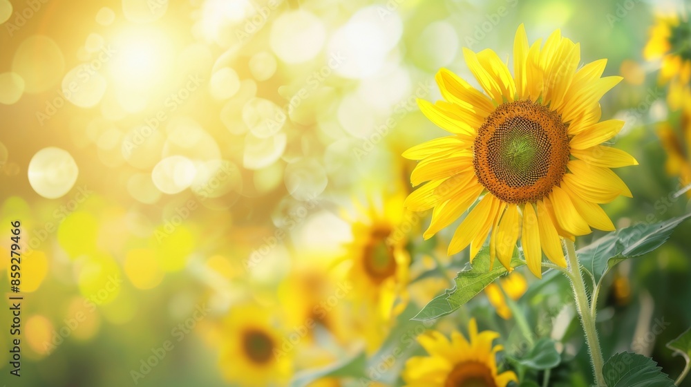 Fototapeta premium Sunlit Sunflower in a Field of Gold
