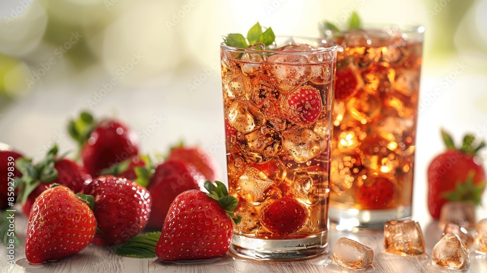 Two glasses of iced tea with strawberries and ice Two glasses of iced tea with strawberries and ice