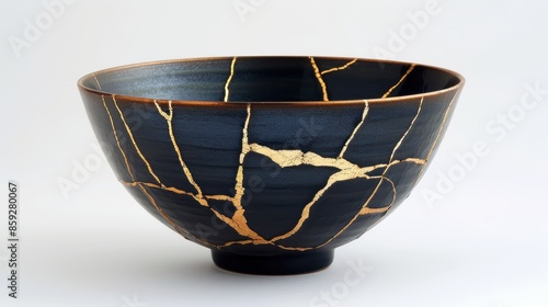 Elegant Japanese Kintsugi bowl with gold repairs. Showcasing the art of embracing imperfections and beauty in brokenness.