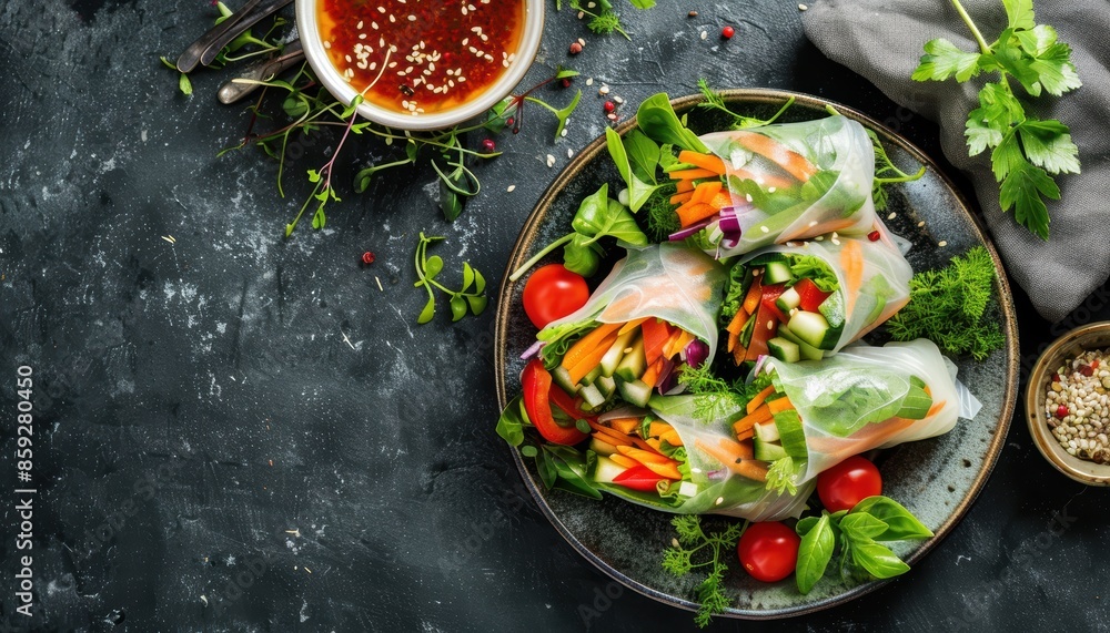 Fresh and colorful vegetable spring rolls served on a dark plate with dipping sauce, garnished with herbs and greens. Fresh and colorful vegetable spring rolls served on a dark plate with dipping sauce, garnished with herbs and greens.