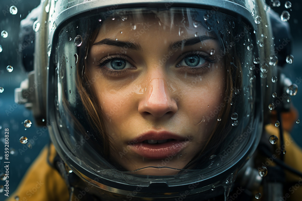 Generated with AI picture of diver in a diving suit swims underwater Generated with AI picture of diver in a diving suit swims underwater
