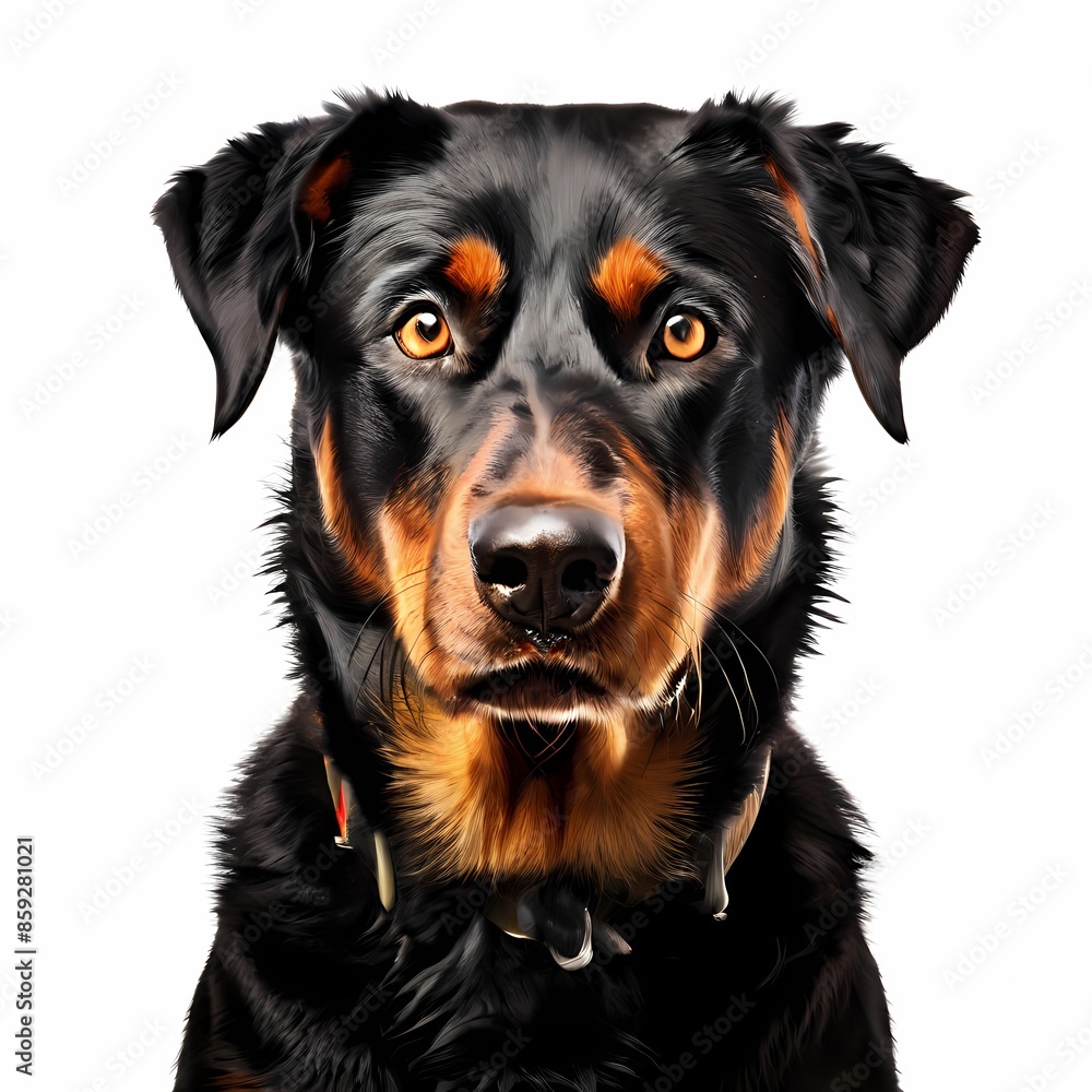 Beauceron dog breed standing against white background, AI Generated Beauceron dog breed standing against white background, AI Generated