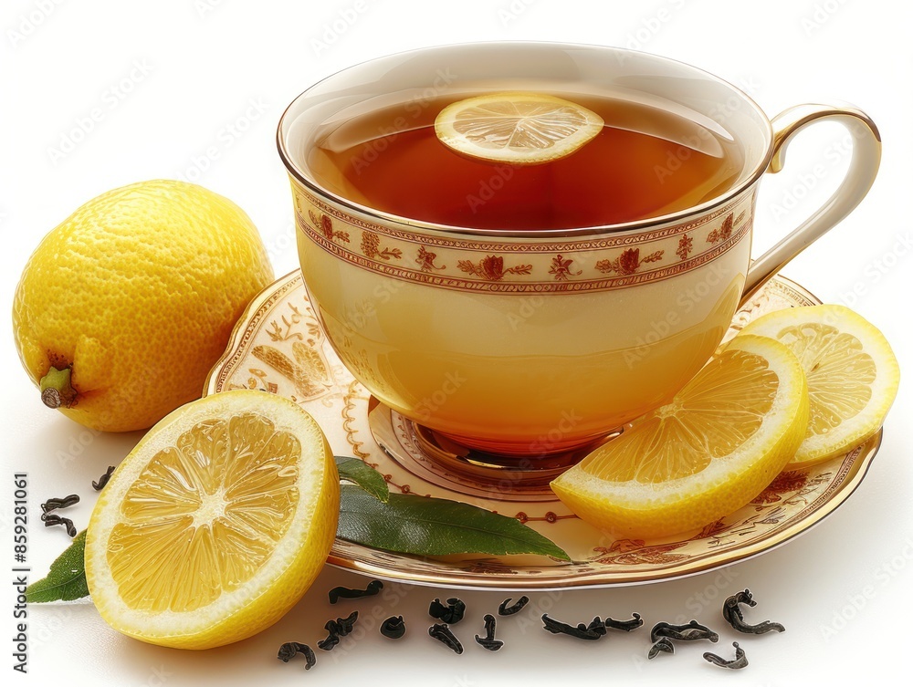 A cup of tea with lemon slices on a saucer A cup of tea with lemon slices on a saucer