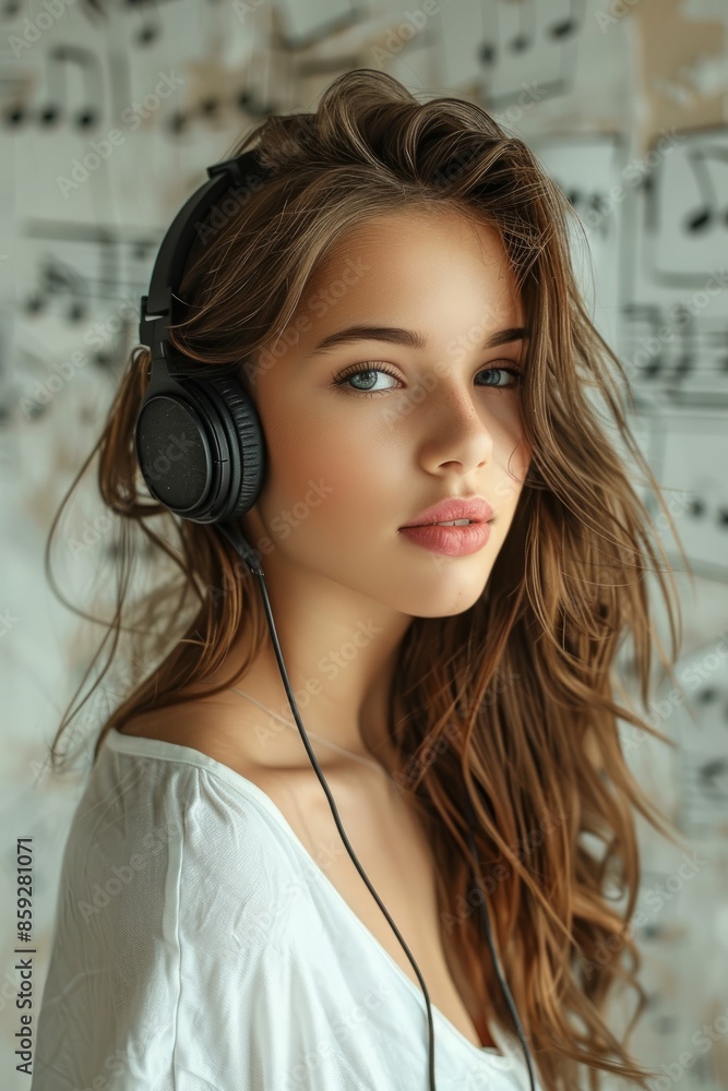 Make a realistic portrait of a beautiful woman listening to music Make a realistic portrait of a beautiful woman listening to music
