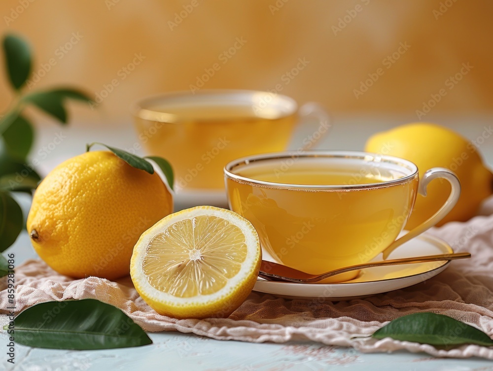 A steaming cup of lemon tea with a lemon slice on a saucer A steaming cup of lemon tea with a lemon slice on a saucer