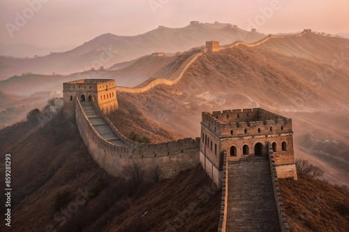 the great wall of china is surrounded by mountains and the  morning mist.  photo